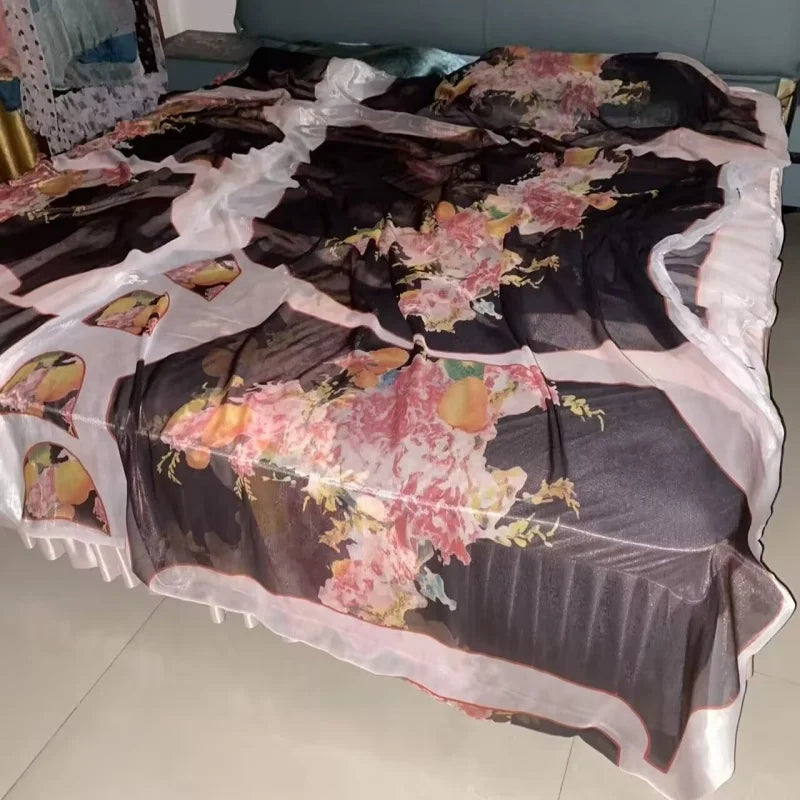 housse couette soie transparente motifs floraux semi transparente grande taille dimensions 240x220cms couleurs noir