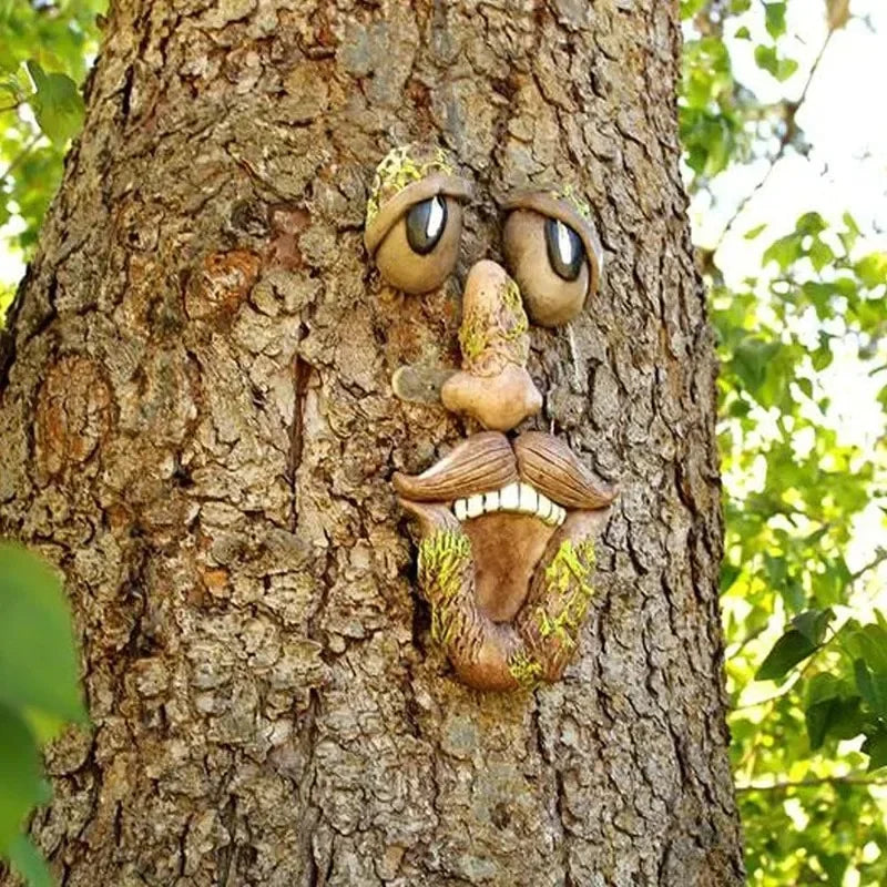 masques visage arbre bois marron vert artisanal rustique accessoire jardinextérieur decoration fantôme