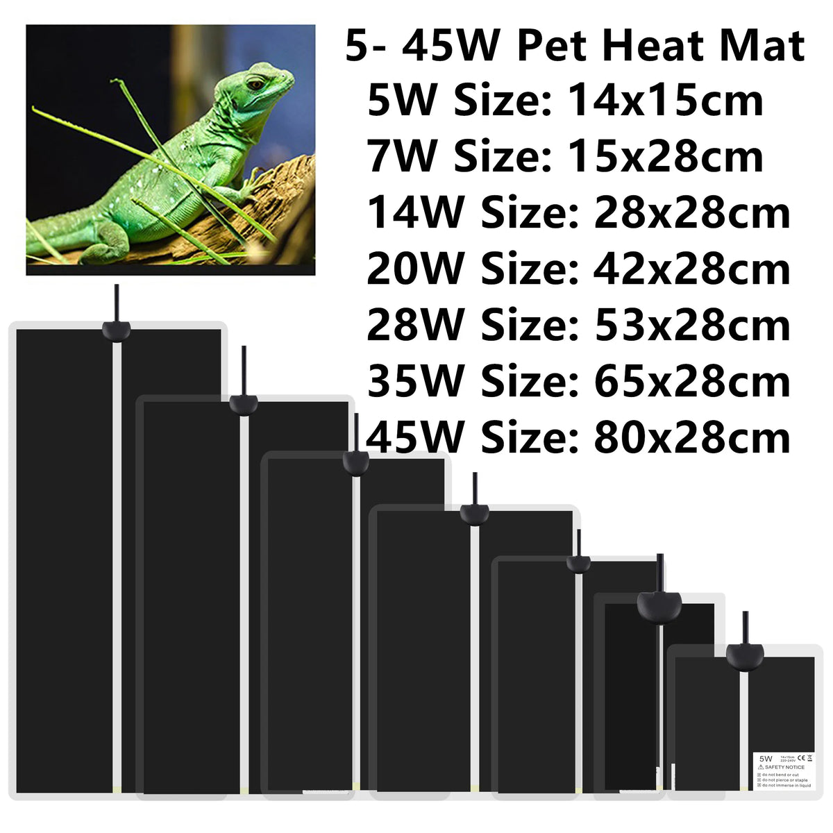tapis chauffant animal noir réglable clips contrôle température 5w 7w 14w 20w 28w 35w