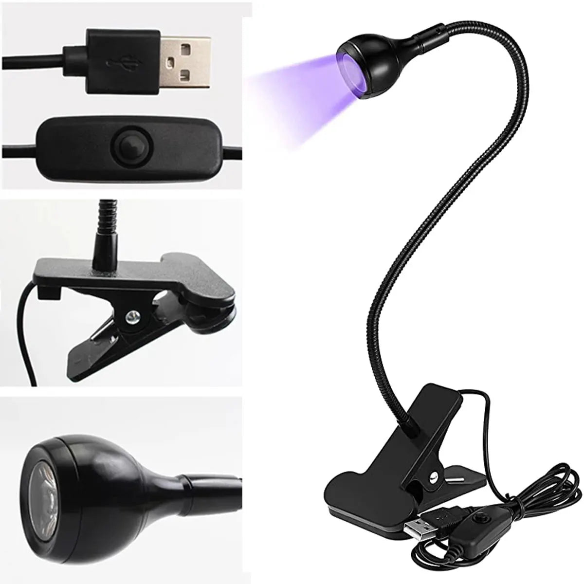 lampe led uv noir argent flexible dimmable brightness moderne pinces usb alimentée