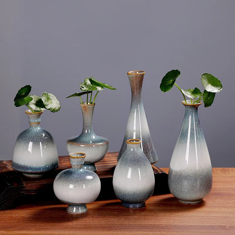 Vases de céramique gris-bleu uniques avec des plantes vertes dans un arrangement élégant sur une surface en bois.
