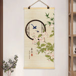rideau rouleau bambou art traditionnel oriental fleurs oiseaux motifs crochets métalliques opaques entrée maison