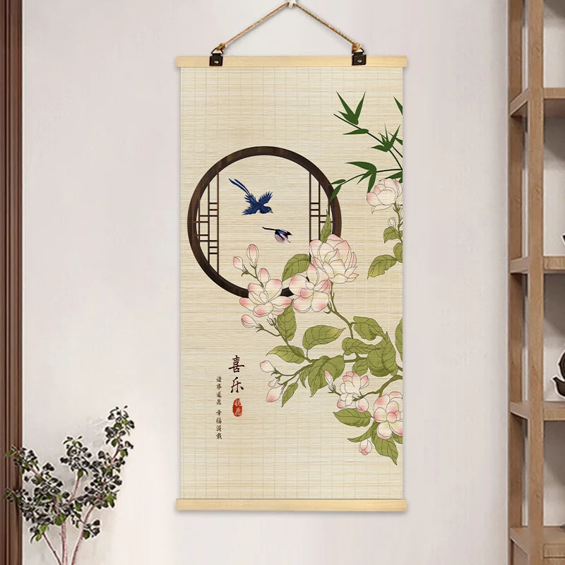rideau rouleau bambou art traditionnel oriental fleurs oiseaux motifs crochets métalliques opaques entrée maison