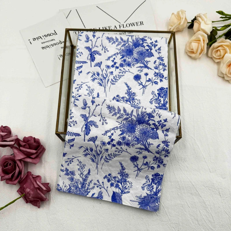 serviettes papier blanc bleu fleurs feuilles oiseaux classique vintage 33x33cm 20 pièces
