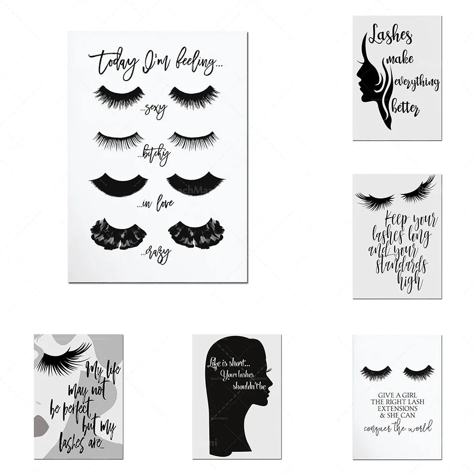 Cette image met en avant différents thèmes liés aux cils et à l'importance accordée à leur apparence dans la beauté féminine, avec des messages inspirants et motivants.