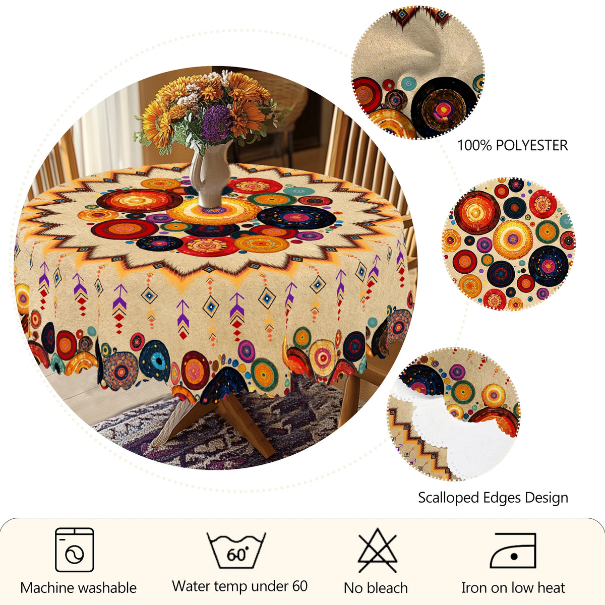 nappe boho chic ethnique motifs géométriques couleurs vives imperméable réutilisable machine clips tableextérieurintérieur