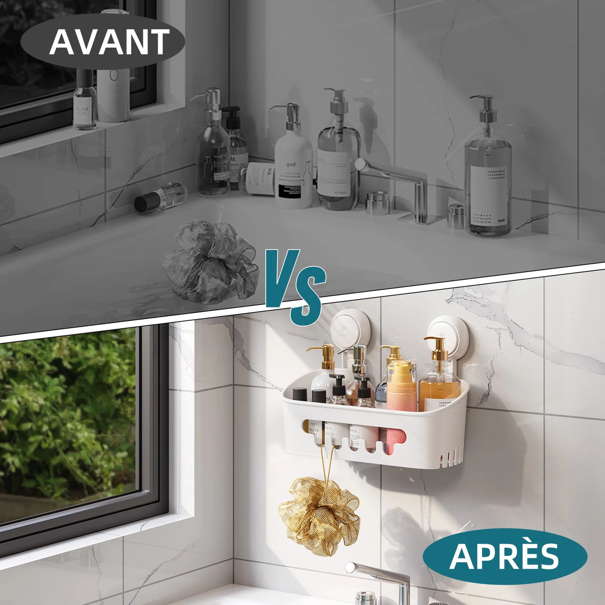 organisateur mural blanc panier crochets ventouses carreaux salle bain minimalistestyle