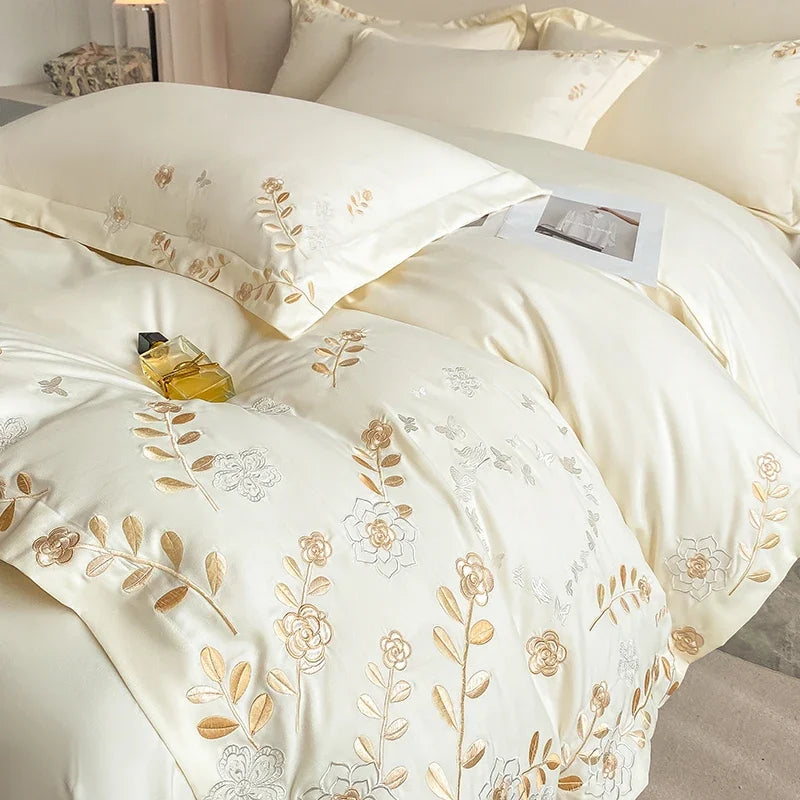 ensemble literie coton broderie florale dorée beige rose pâle housse couette taies drap