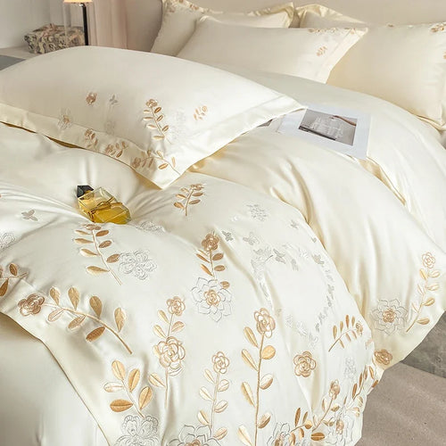 ensemble literie coton broderie florale dorée beige rose pâle housse couette taies drap