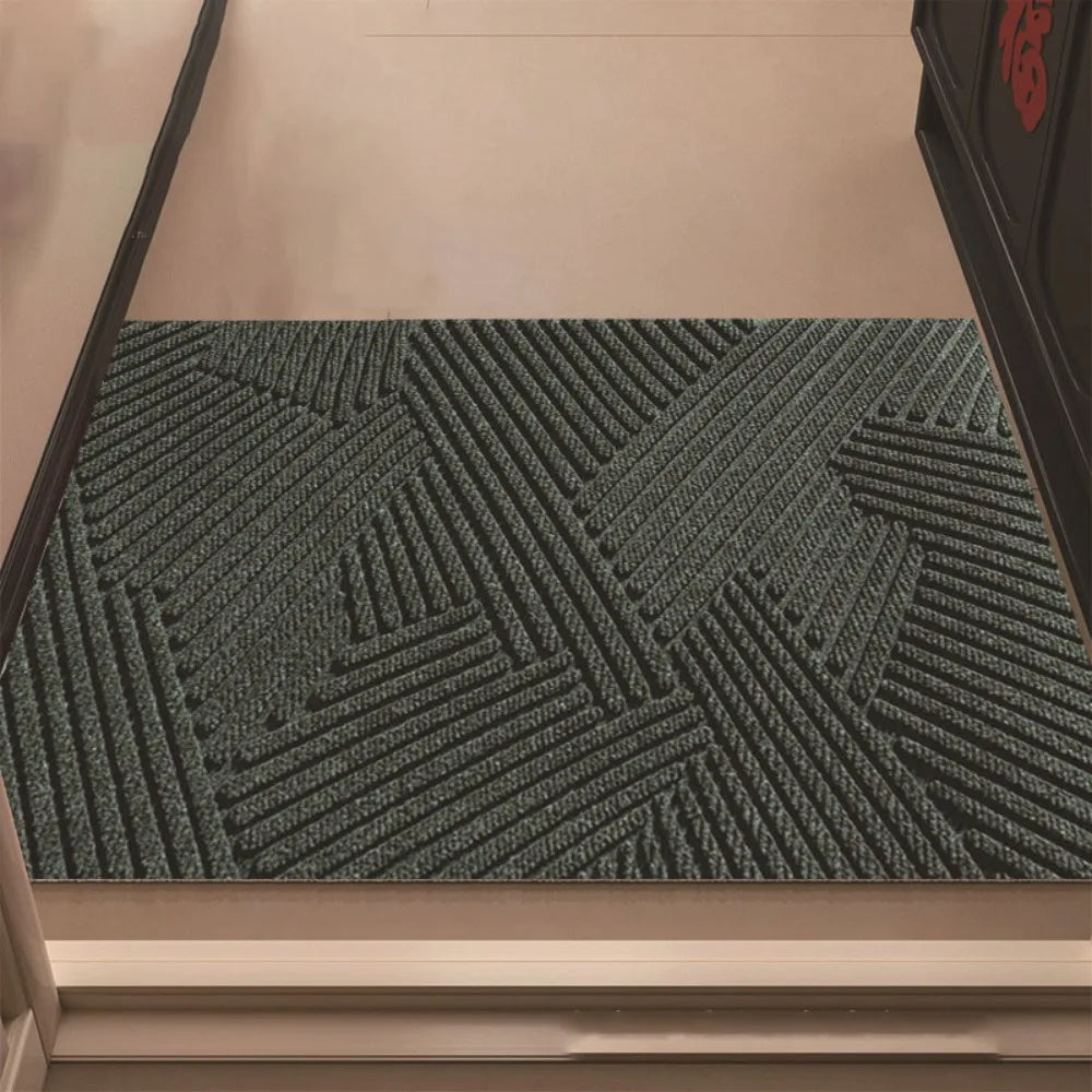 tapis d'entrée moderne rayures vert foncé marron gris antidérapant resistant taches