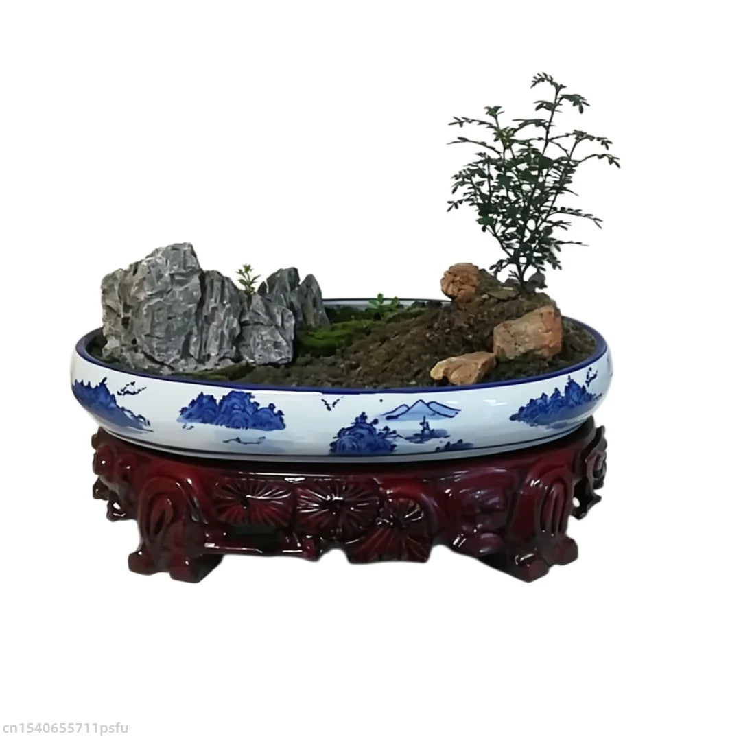 support plante bois sculpté ovale marron foncé décoratif artisanat traditionnel vase intérieur