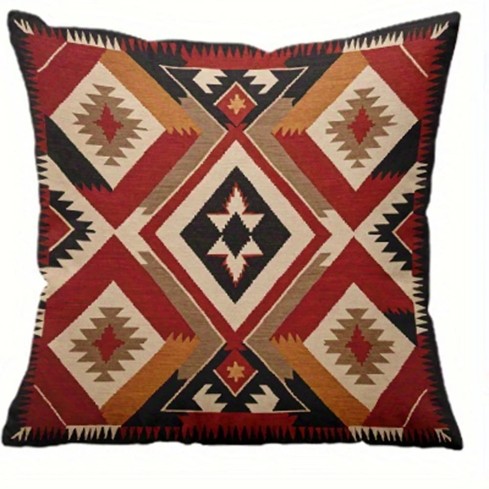 housse coussin motif aztèque ethnique beige bleu rouge noir marron polyester carré 45x45cm