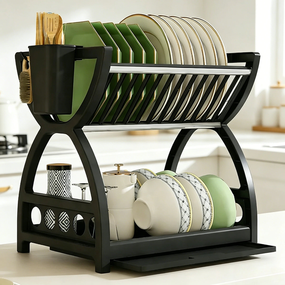 rangements vaisselle noir moderne évier cuisine assiettes bols cuillères porte verres porte tasses