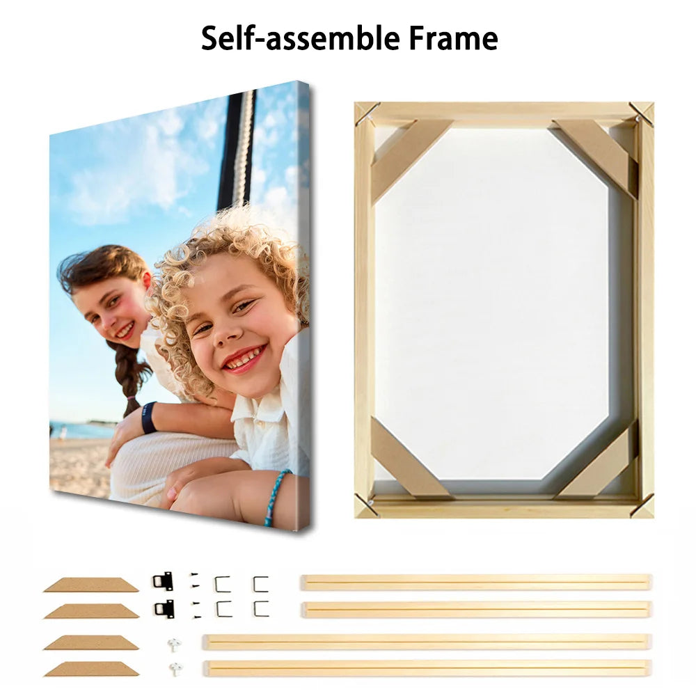 cadre personnalisable photo enfants moderne blanc beige bleu clair toile coton fixations bois métal