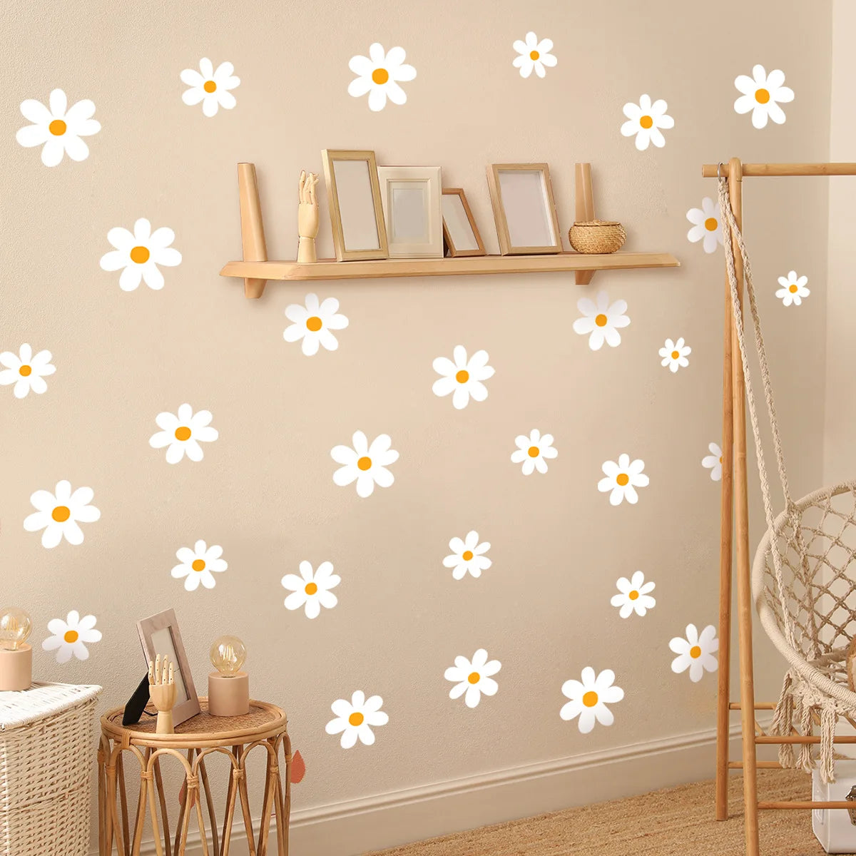 sticker mural blanc jaune fleurs camomille adhésif minimaliste moderne chambre salon deco amovible