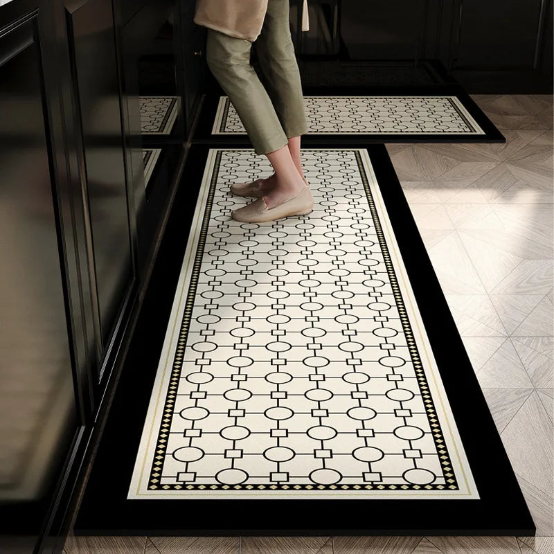 tapis cuisine moderne noir blanc motif géométrique carré minimaliste sol maison décoratif