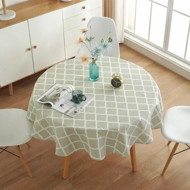 nappe table ronde motif géométrique moderne jaune gris bleu vert blanc décoration maison