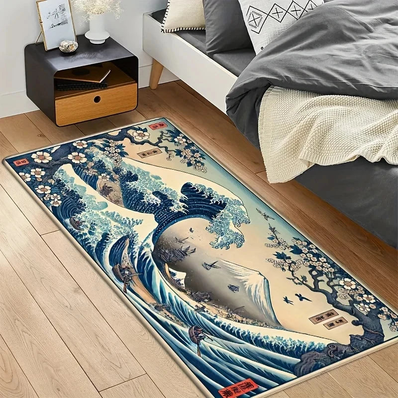 tapis bleu beige illustration vague art japonais traditionnel anti dérapant intérieurextérieur