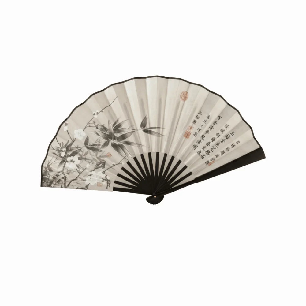 éventails pliants traditionnels chinois fleurs papillons calligraphie paysages noir blanc bleu gris rose support