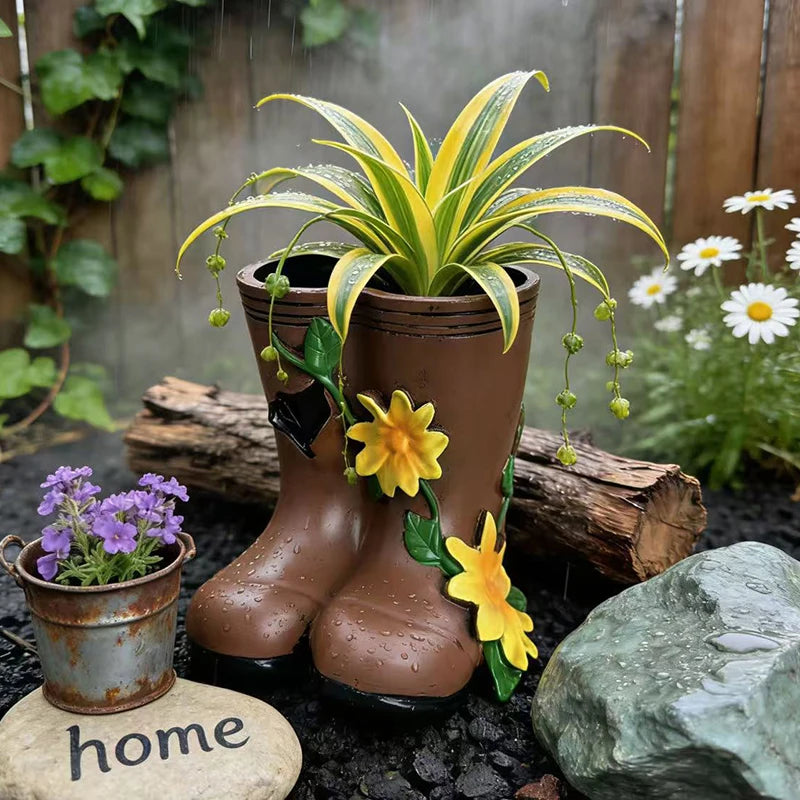 pots fleurs forme bottes pluie marron jaune vert relief rustique decoratif plantes verteextérieur
