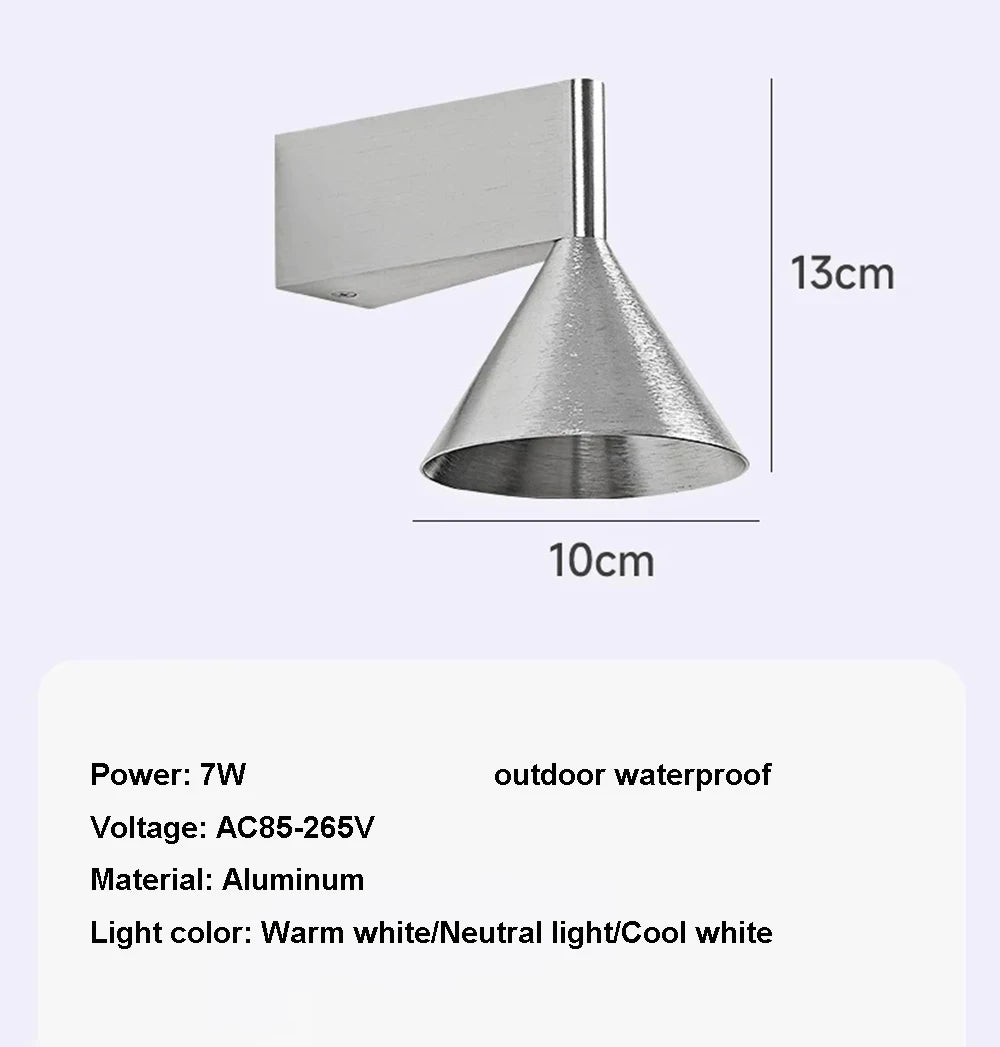applique murale moderne conique argentée noire lumière led extérieure salle manger