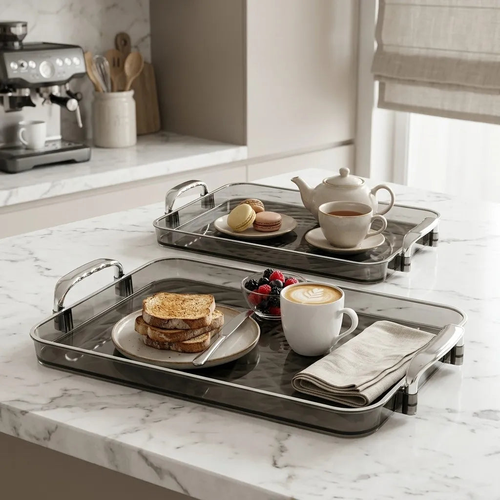 plateau service moderne argenté texture diamant 3d poignées nourriture rangement cuisine organizer transparent élégant
