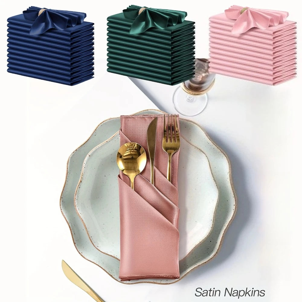 serviettes satin élégantes 30x30cm 12pièces bleumarine vertfoncé roseblanc modernes clipsdorés
