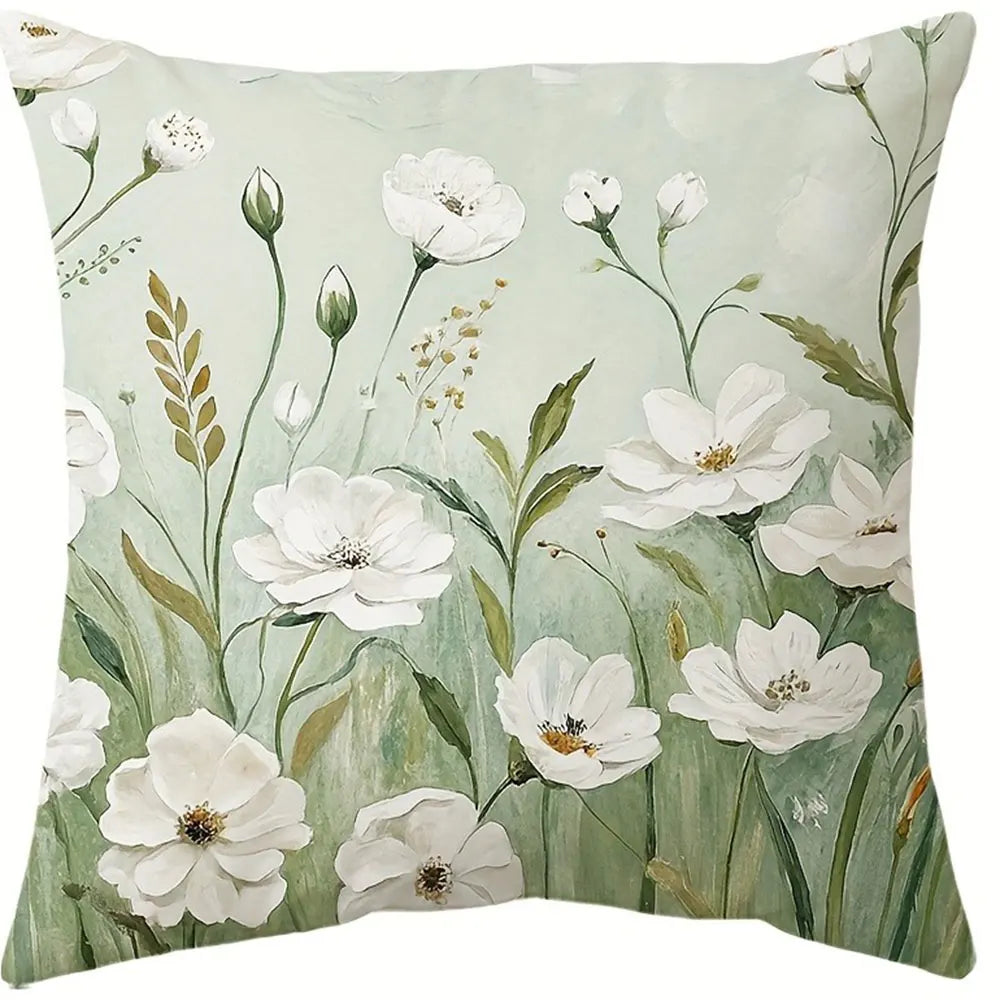taies d'oreiller fleur motif floral printemps couleur vert blanc rustique naturel décoration intérieure coussins