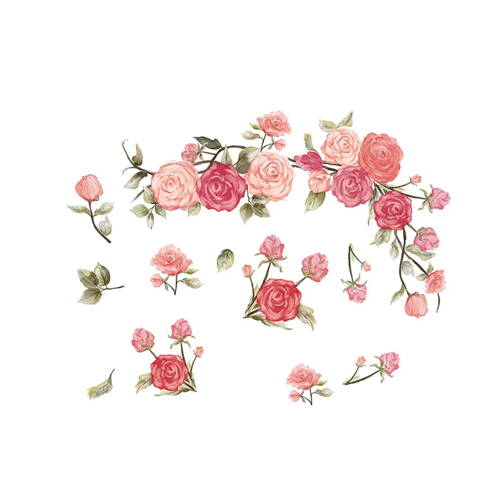autocollant mural fleurs roses feuilles vertes floral romantique auto adhésif pvc opaques moderneintérieur salon