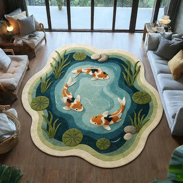 tapis poisson carpe feuilles fleurs moderne salon imperméable antidérapant polyester bleu vert orange