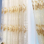 rideau brodé polyester transparent blanc doré classique élégant broderie florale bordure chambre salon