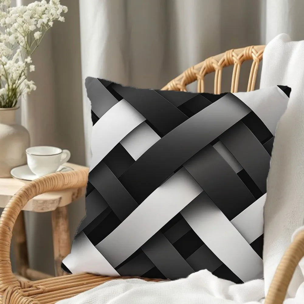 housse coussin double face motif géométrique moderne noir blanc décoratif canapé chambre carreaux polyester