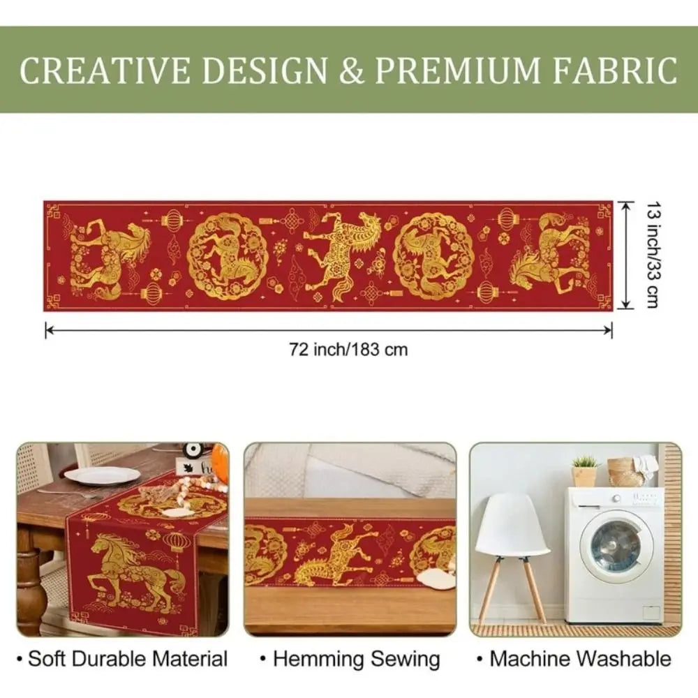 table cuisine rouge dorée motif chinois chevaux fleurs nouvelle année festive