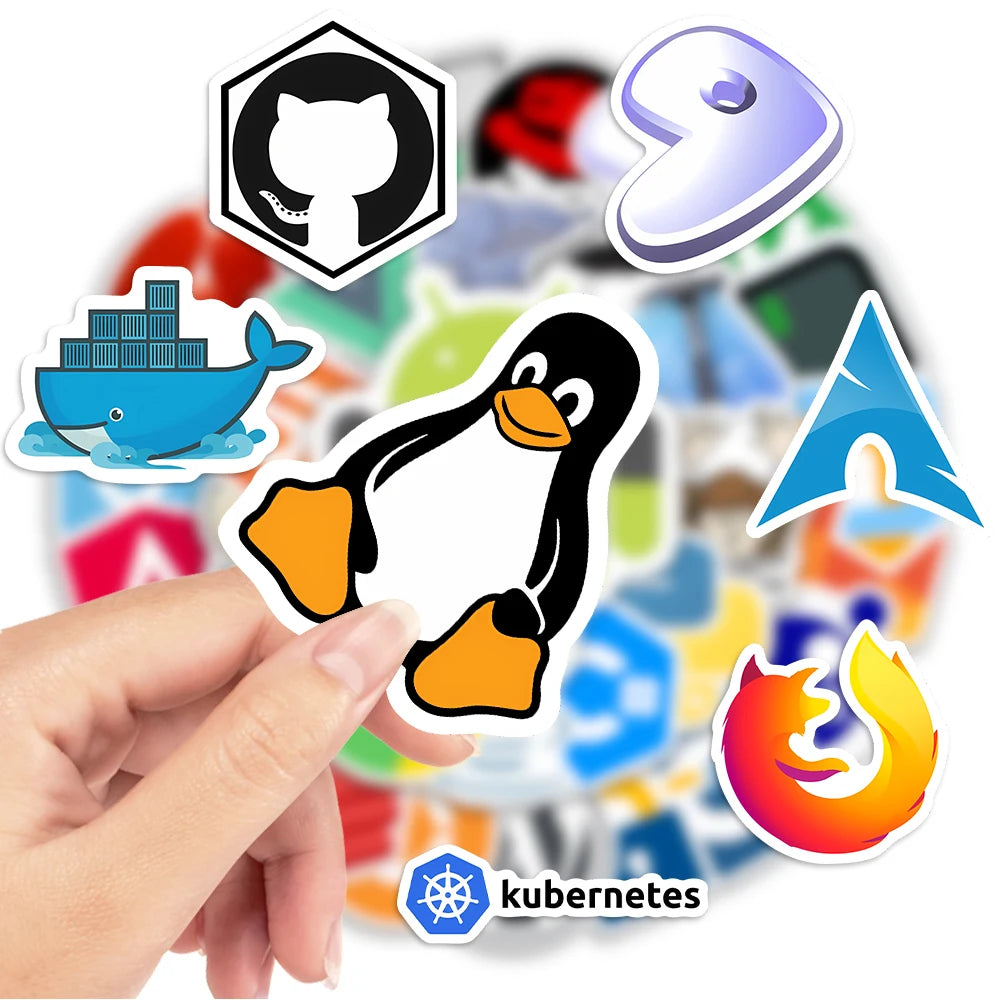 stickers technologie logos python docker linux node js cartoonesques adhésifs adultes adolescents