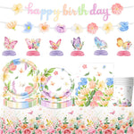 décoration fête anniversaire enfants guirlande happy birthday assiettes serviettes gâteau tasses bonbons floral papillons