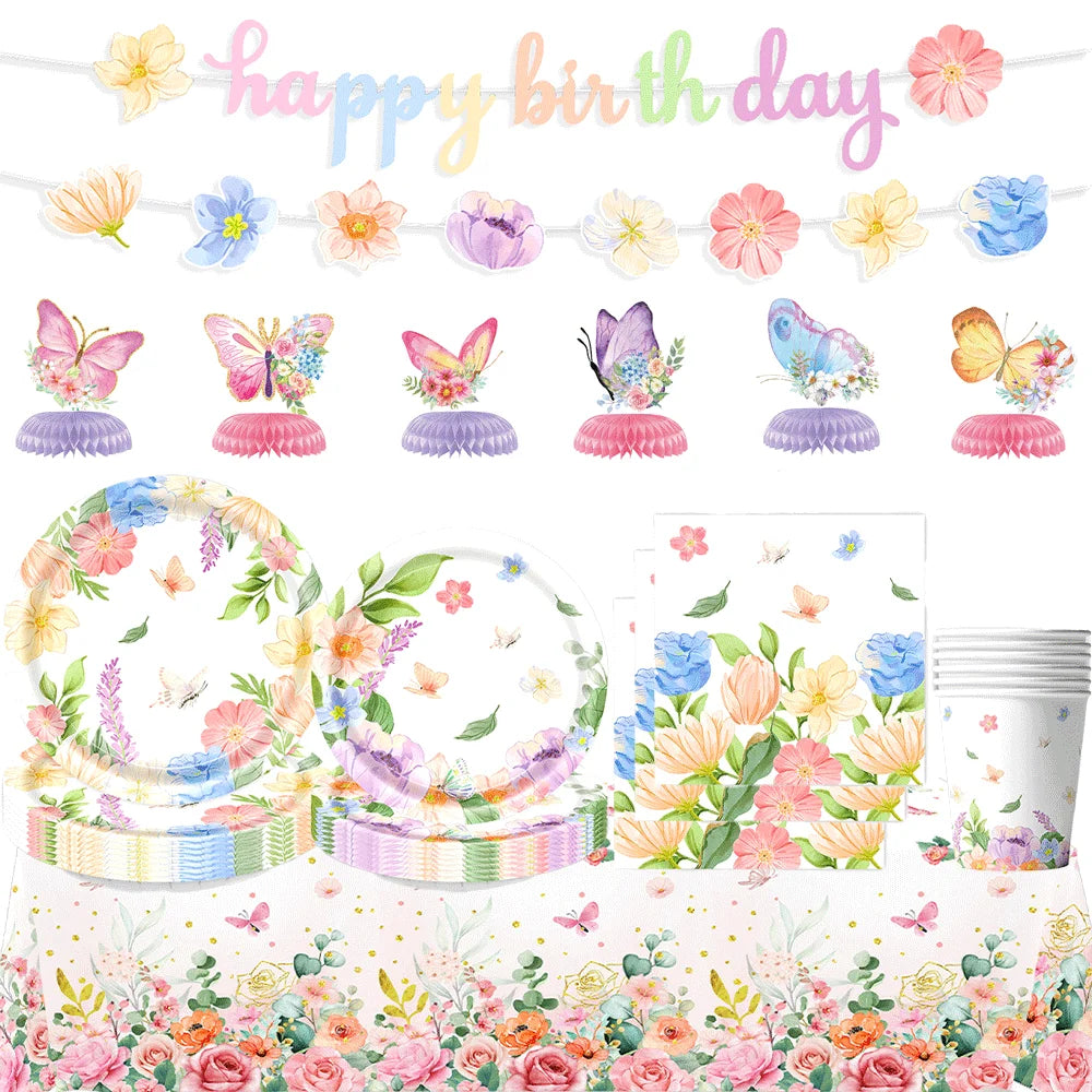 décoration fête anniversaire enfants guirlande happy birthday assiettes serviettes gâteau tasses bonbons floral papillons