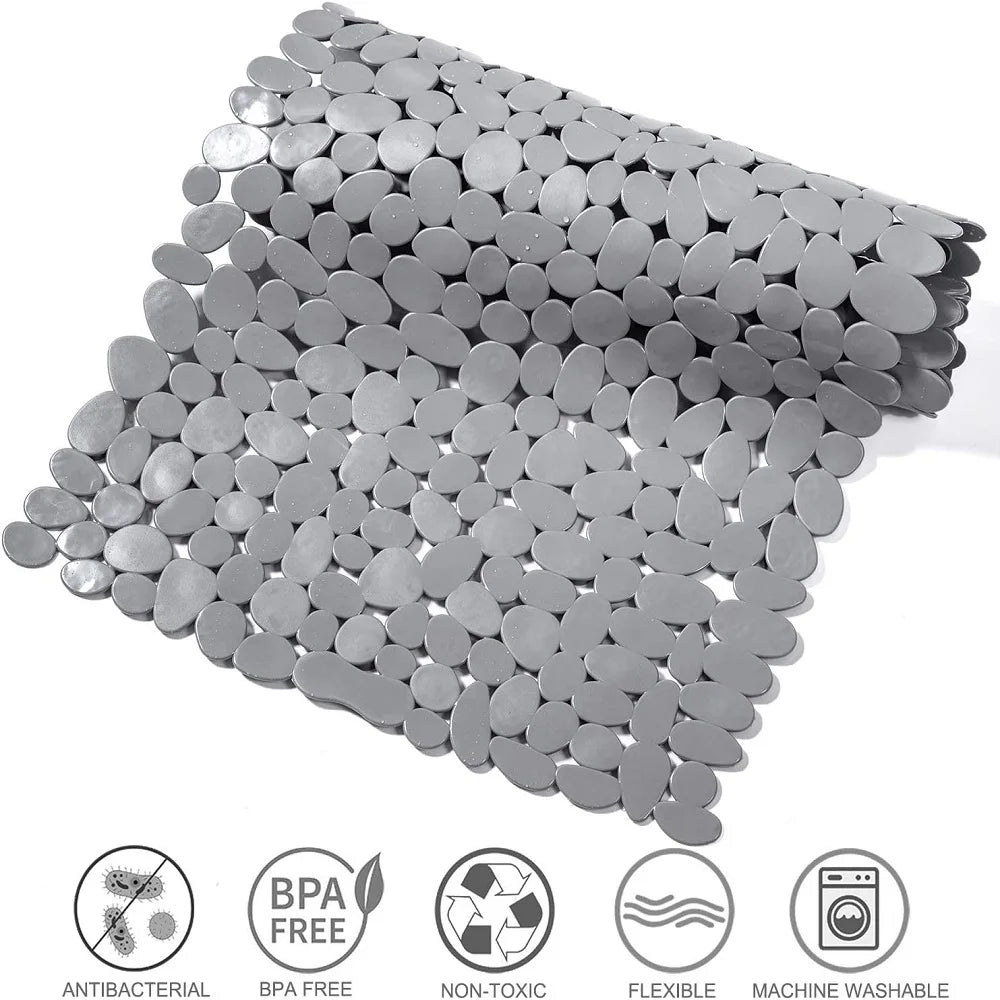 tapis bain antidérapant moderne gris clair succion cup lavable machine cailloux texturé salle bain