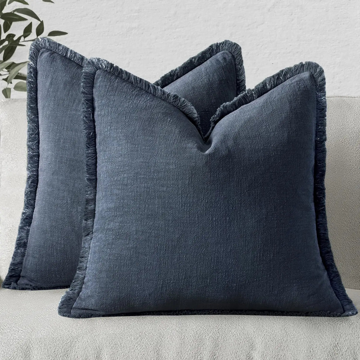 coussins décoratifs bohèmes lin texturé franges blanc cassé vert olive gris