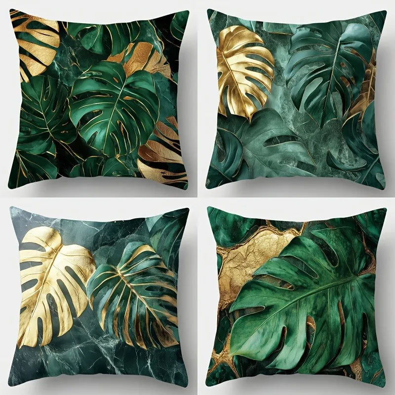 taies d'oreiller polyester feuille monstera verte dorée moderne zipper 40x40cm 45x45cm 50x50cm 60x60cm