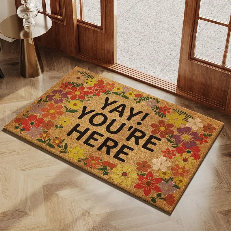tapis d'entrée extérieur vintage motif fleurs papillons bienvenue couleur beige rouge décoration sol porte
