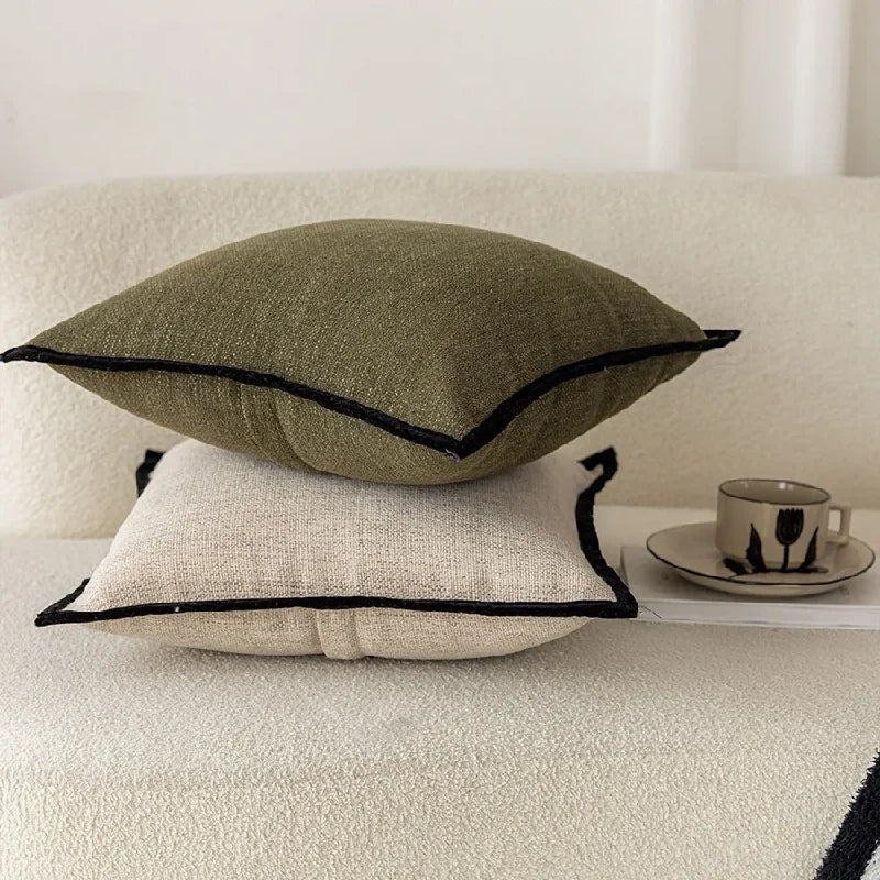 coussins décoratifs moderne vert olive beige coton polyester respectueux environnement fixations