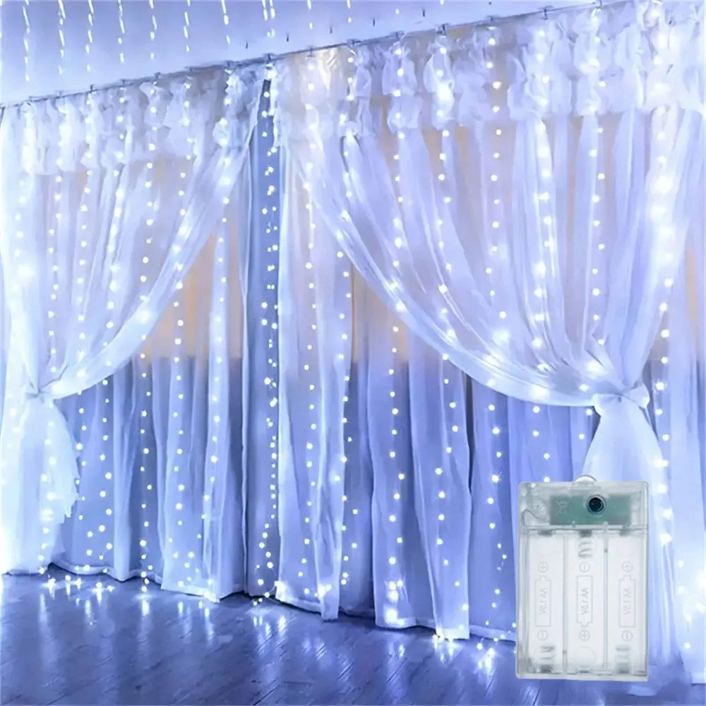 rideau lumineux led blanc jaune bleu 3m 3m 300 leds batteries moderne