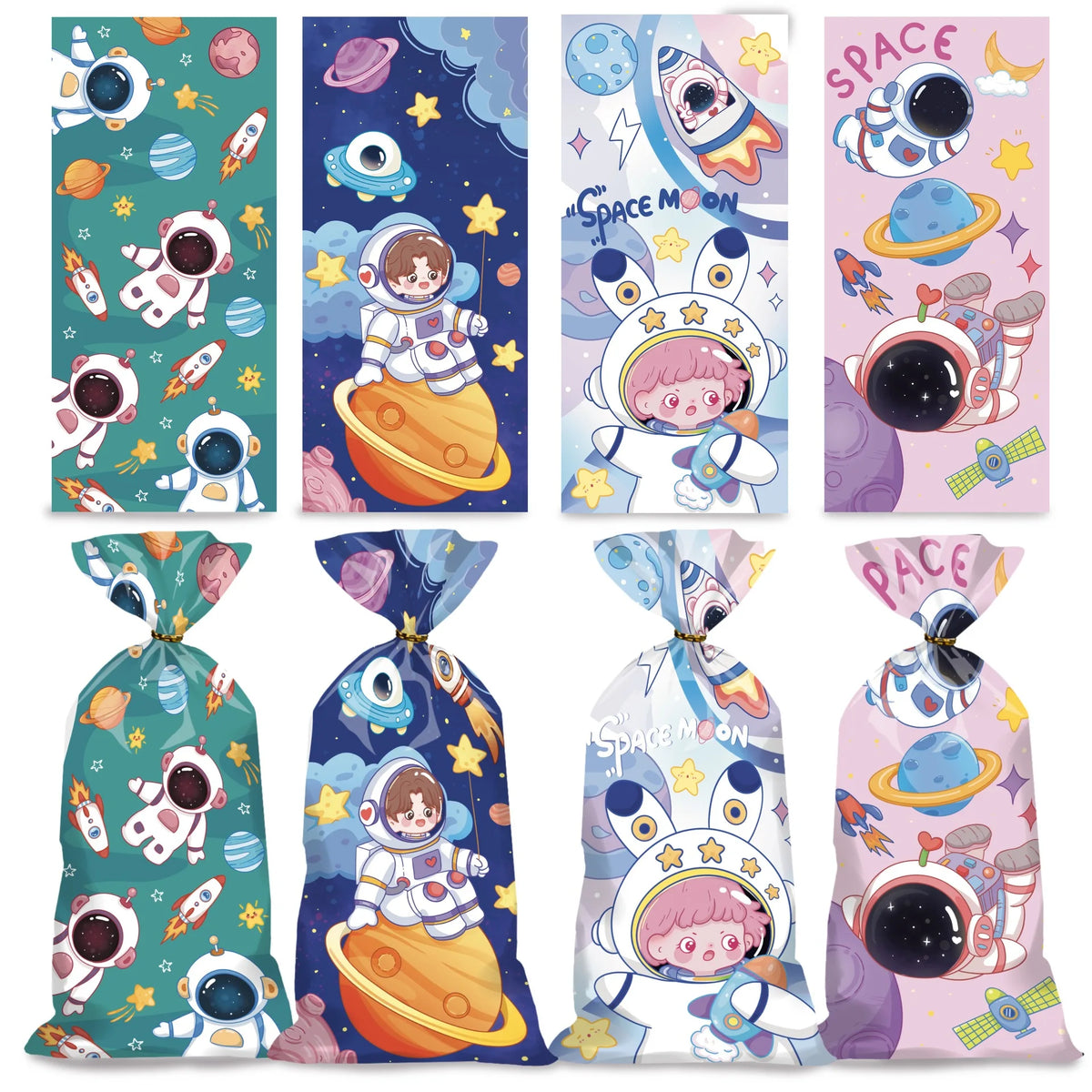 sacs papier astronautes vert bleu rose clair géométrique élégants dorés 12.5cm 27.5cm enfants illustration