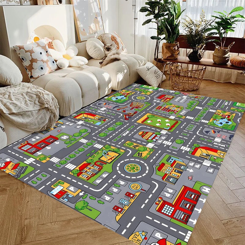 tapis urbain motif routes bâtiments moderne gris vert blanc rouge bleu jaune intérieur extérieur