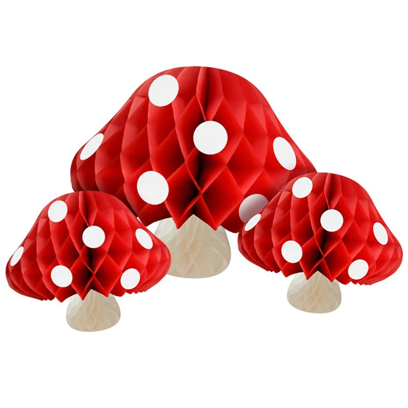 décoration fête anniversaire enfant adulte boule papier forme champignon rouge blanc texture alvéolée festive