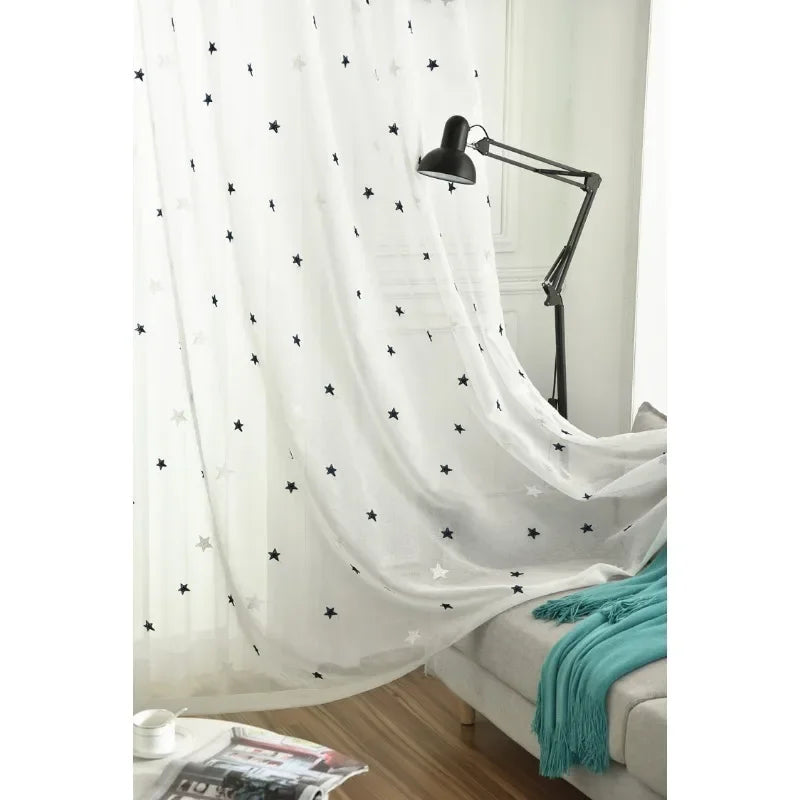 rideau moderne blanc étoiles noires motif tissu léger salon chambre fenêtre maison