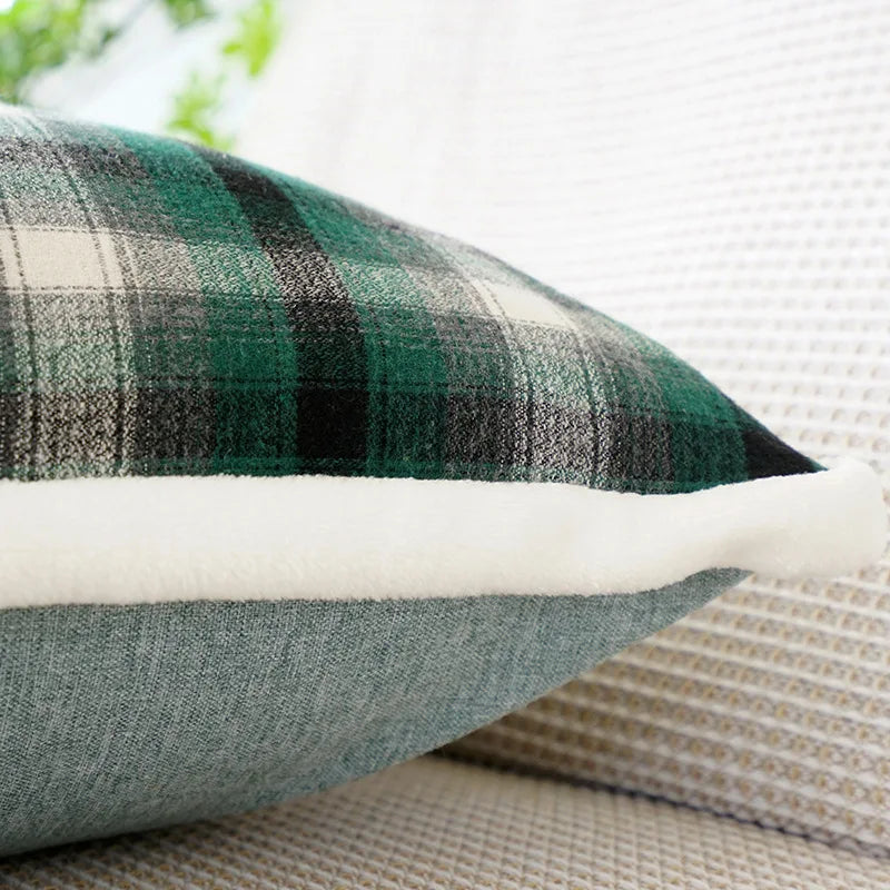 taies d'oreiller patchwork carreaux écossais moderne vert foncé blanc maison adhésif coussin polyester respectueux