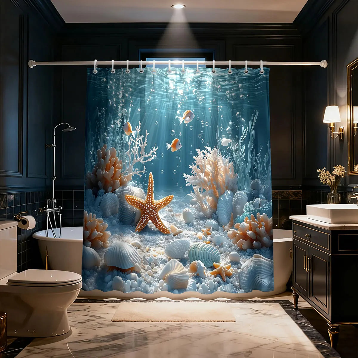 rideau douche thème marin corail étoile mer opaque crochets poissons bleu orange