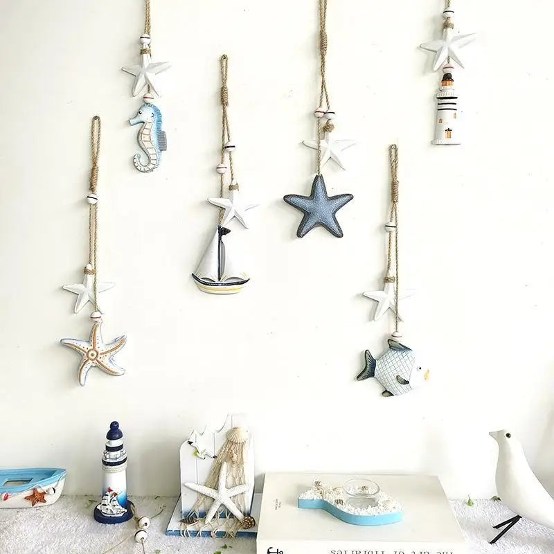 décorations murales marine poissons hippocampes étoiles mer phare cordelette blanc bleu beige gris deco