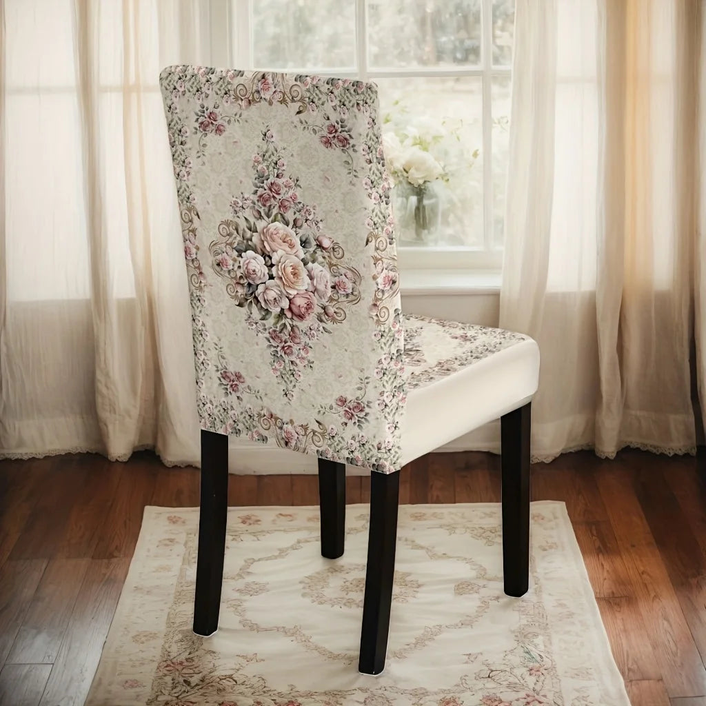 housses chaise fleur brodées beige rose vintage adhésif élastique polyester coton spandex
